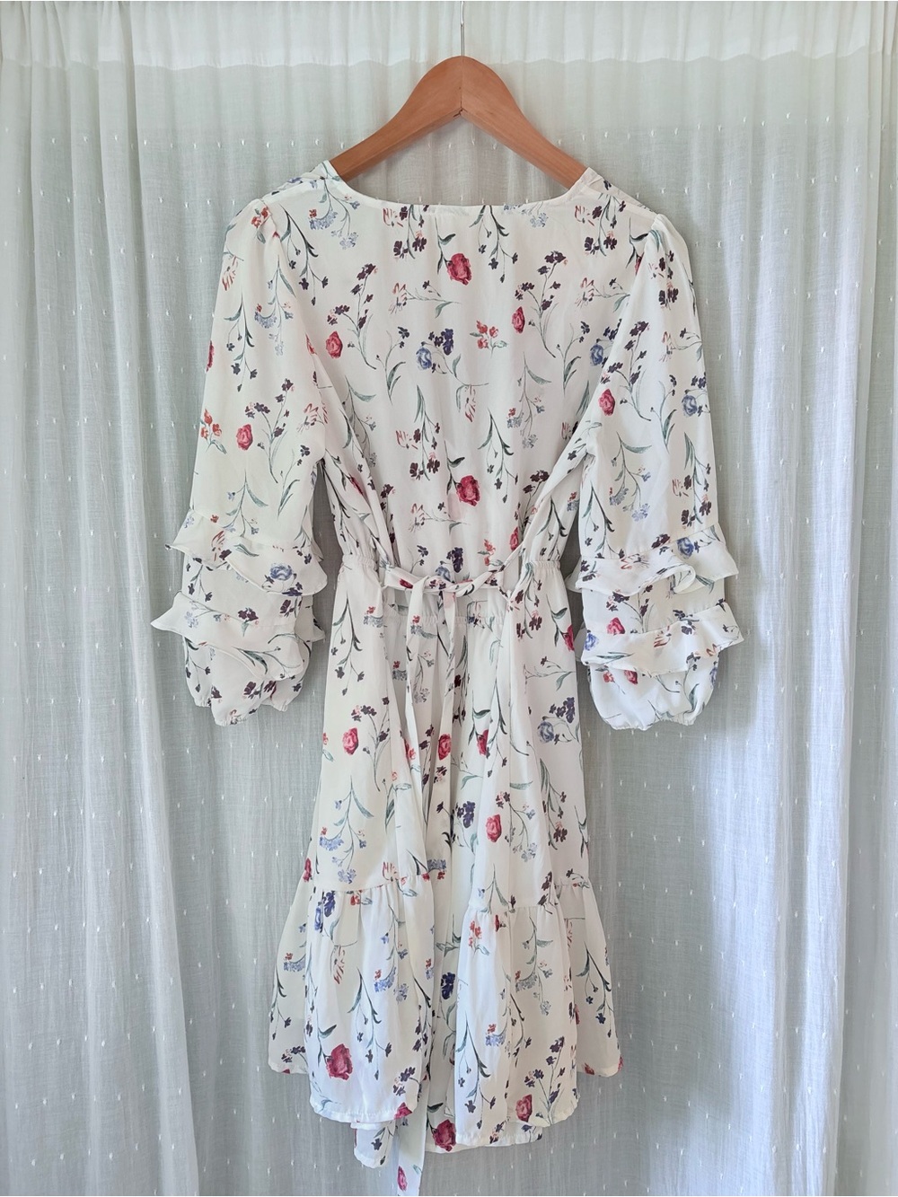 Gilli White Floral Wrap Mini Dress with Ruffle Sleeves - Picture 2 of 6